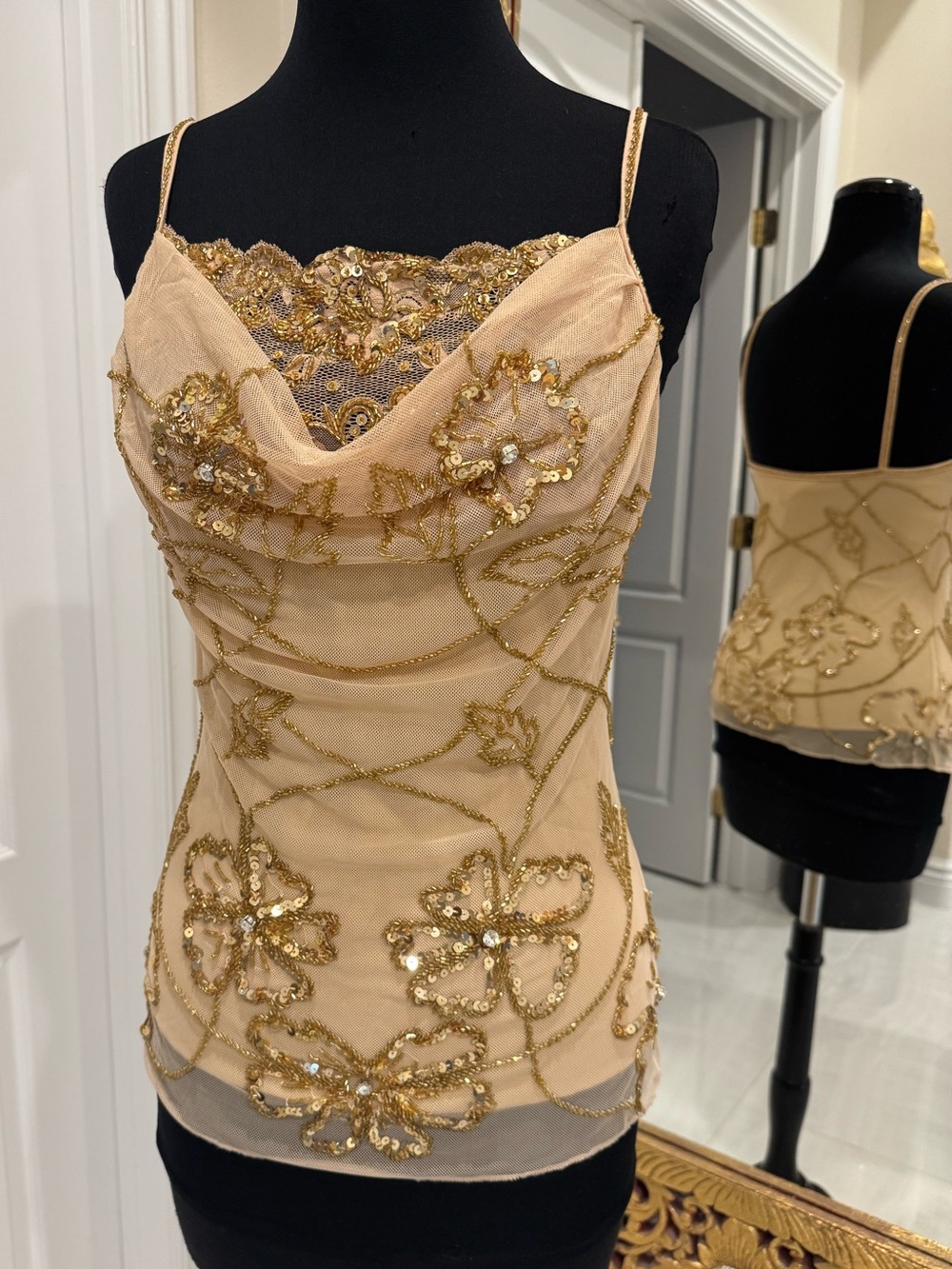 Beautiful Hand beaded Gold-Beige Cowl Neck Camisole top NWT size MD stretch
